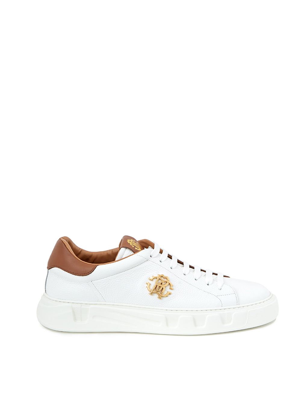 Roberto Cavalli White Leather Sneakers with Gold Logo