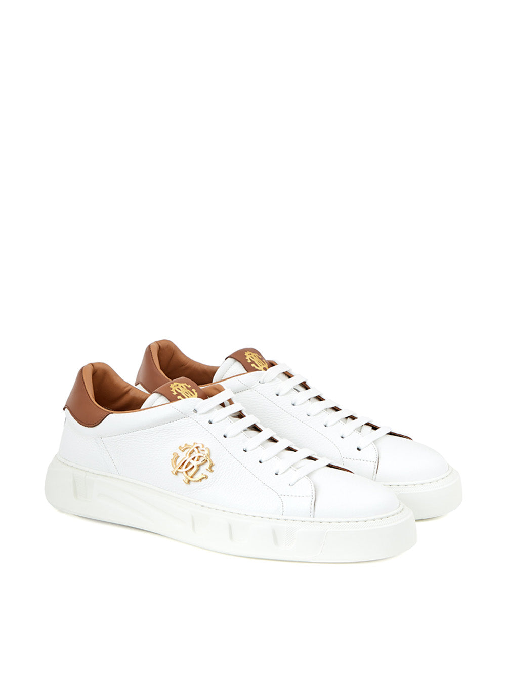 Roberto Cavalli White Leather Sneakers with Gold Logo