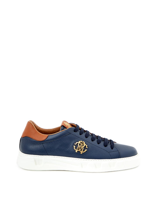 Roberto Cavalli Blue Leather Sneakers with Gold Logo