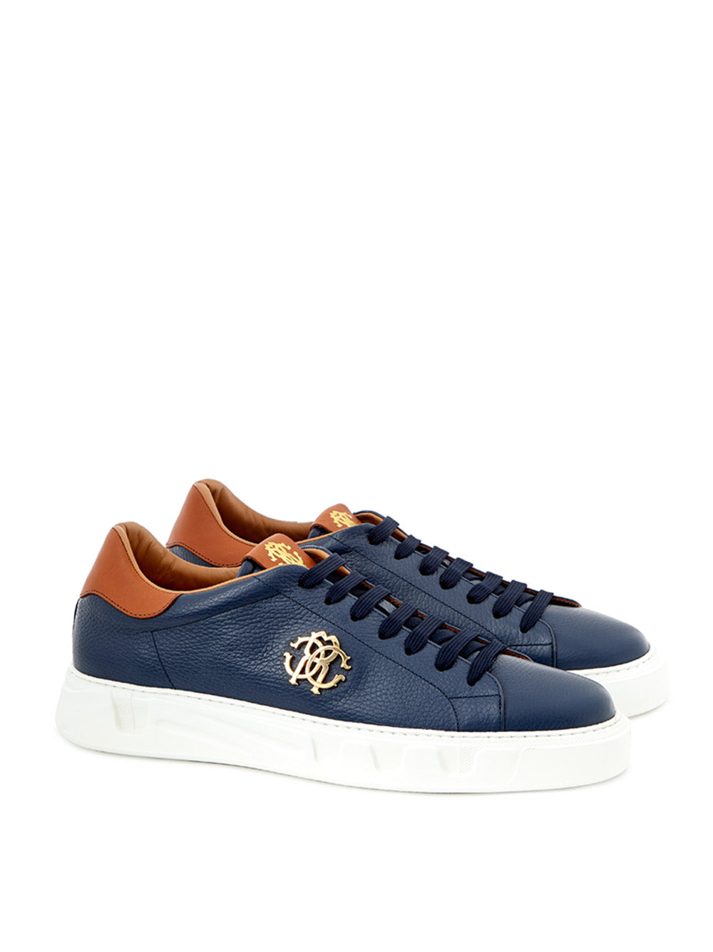 Roberto Cavalli Blue Leather Sneakers with Gold Logo