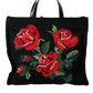 Dolce & Gabbana Black Cashmere Rose Embroidery Shopping Tote Bag