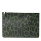 Dolce & Gabbana Green Logo Patch Leopard Leather Clutch Bag