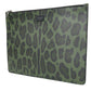 Dolce & Gabbana Green Logo Patch Leopard Leather Clutch Bag