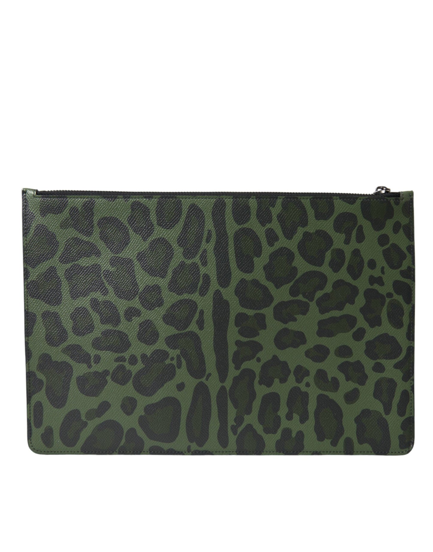 Dolce & Gabbana Green Logo Patch Leopard Leather Clutch Bag