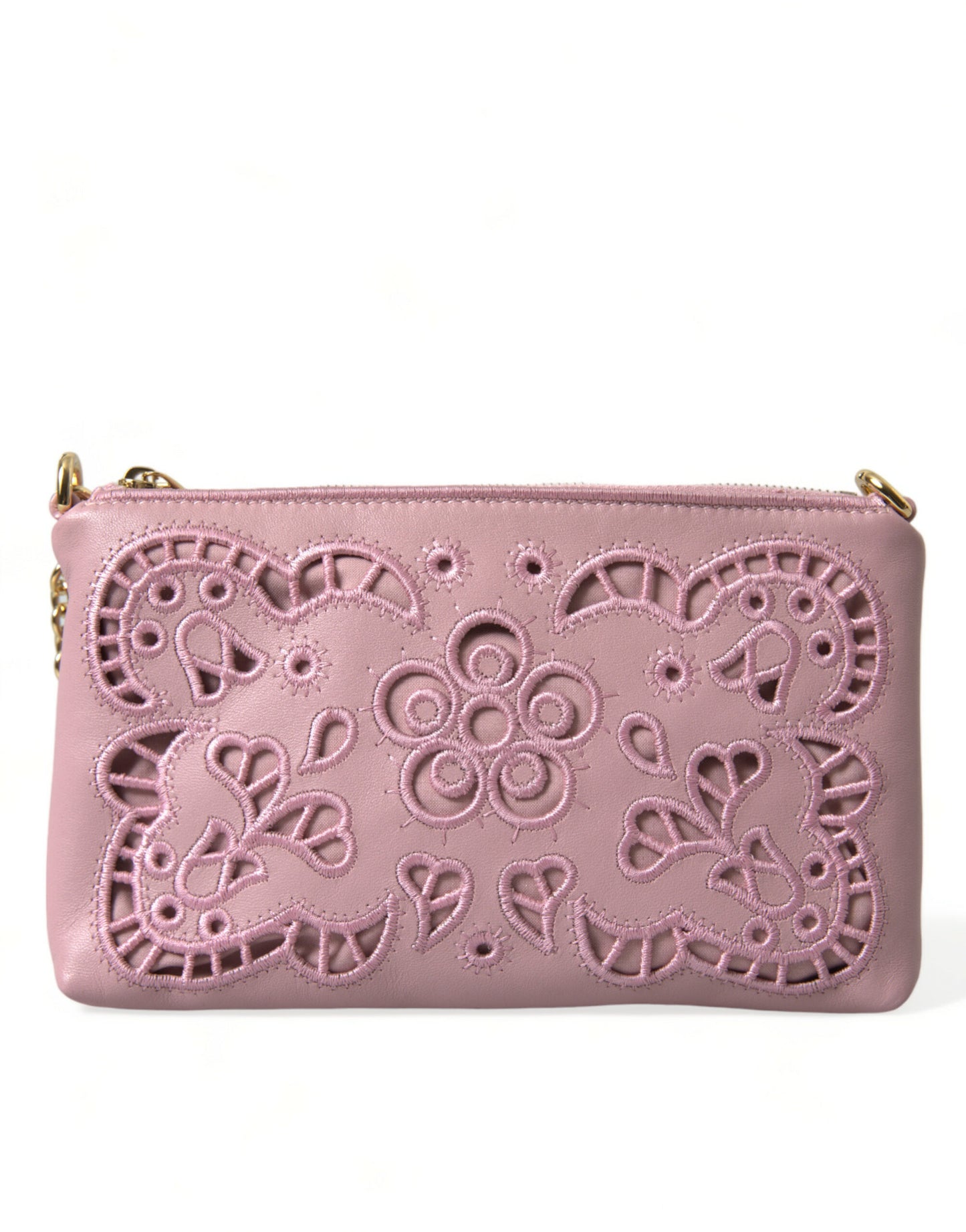 Dolce & Gabbana Pink Floral Embroidered Leather Chain Clutch Bag