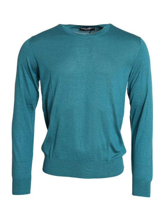 Dolce & Gabbana Blue Silk Crew Neck Pullover Sweater