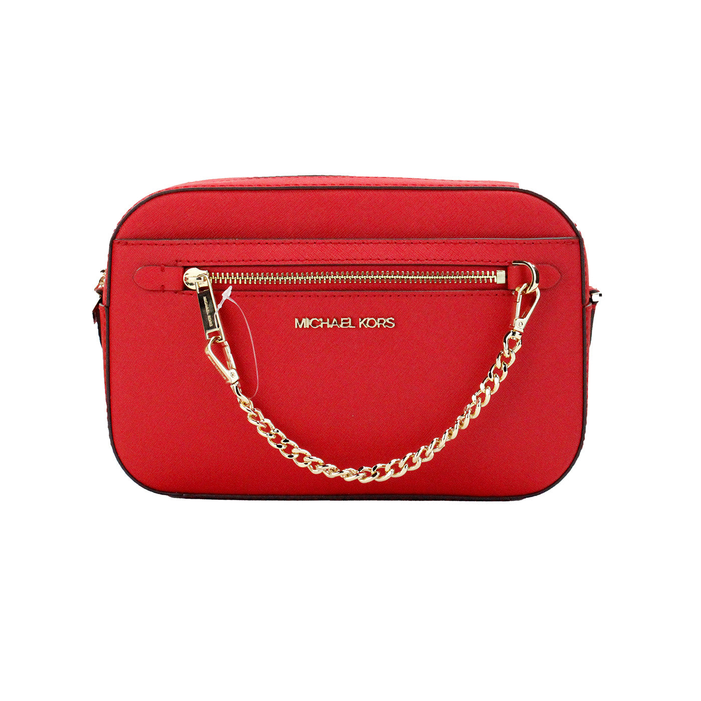 Michael Kors Jet Set Large East West Bright Red Leather Zip Chain Crossbody Bag