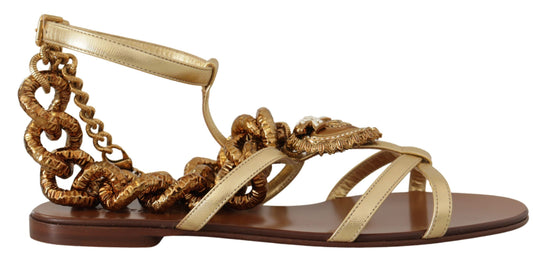 Dolce & Gabbana Gold Leather Devotion Flats Sandals