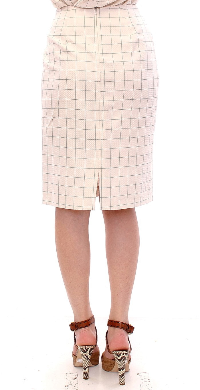 Andrea Incontri White Cotton Checkered Pencil Skirt