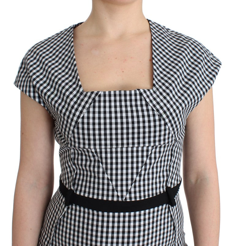 GF Ferre Black White Checkered Belted Sheath Dress