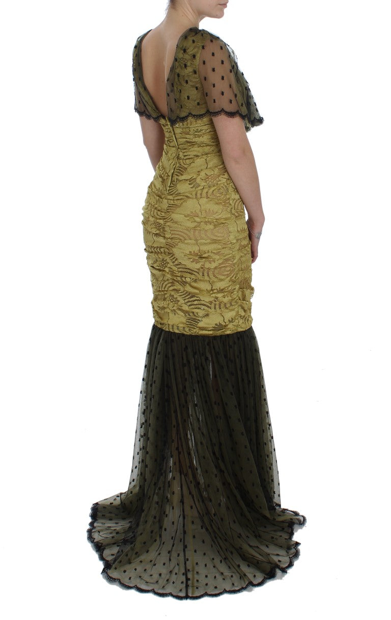 Dolce & Gabbana Yellow Black Floral Lace Ricamo Gown Dress