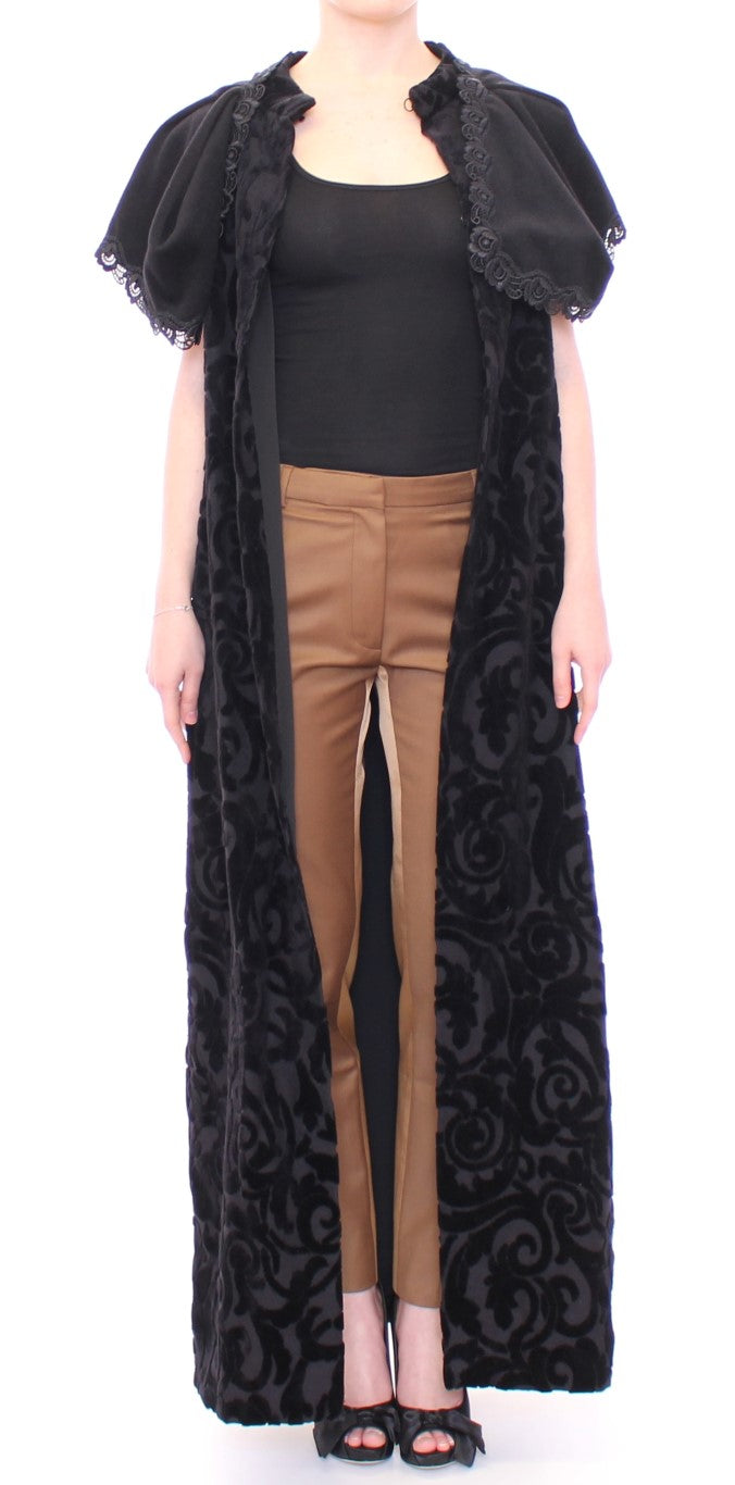 NOEMI ALEMÁN Black Cotton Brocade Long Cape Coat Jacket