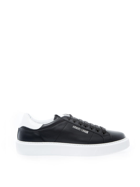 Roberto Cavalli Black Leather Sneakers with Silver Logo