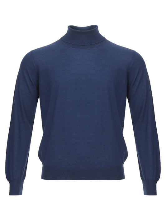 Gran Sasso Blue Cashmere and Silk Turtleneck Sweater