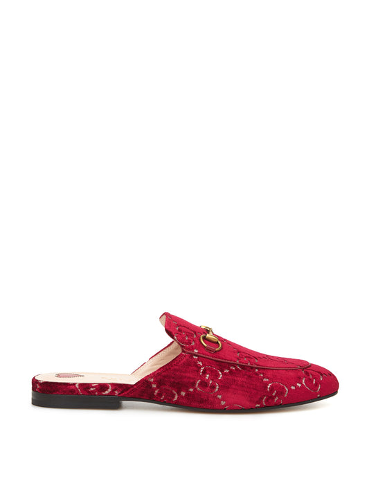 Gucci Red Velvet Princetown Slipper with Logo Allover