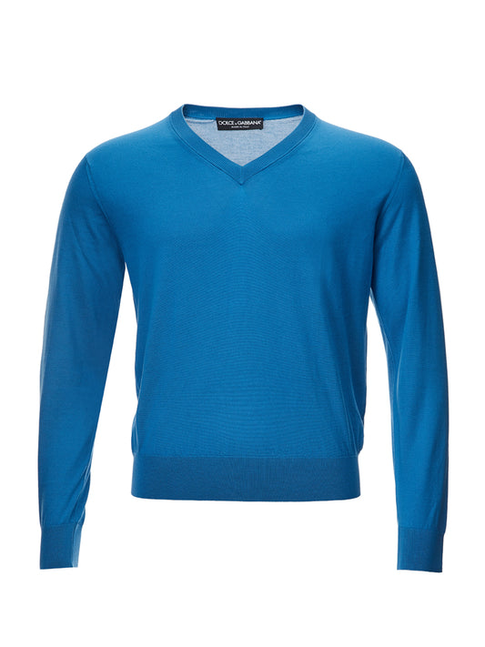 Dolce & Gabbana Blu V-Neck Silk Sweater