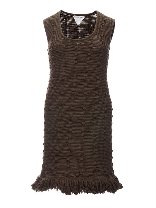 Bottega Veneta Knitted Olive Green Dress with Pompom Details