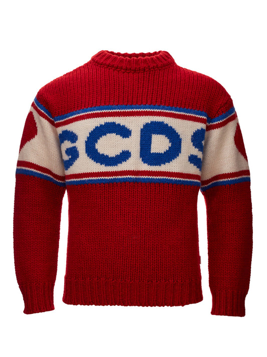 GCDS Red Oversized Wool Jumper with Front Logo