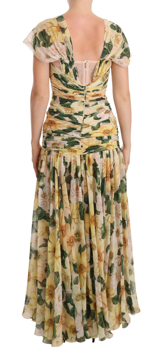 Dolce & Gabbana Yellow Silk Floral Print Pleated Max Dress