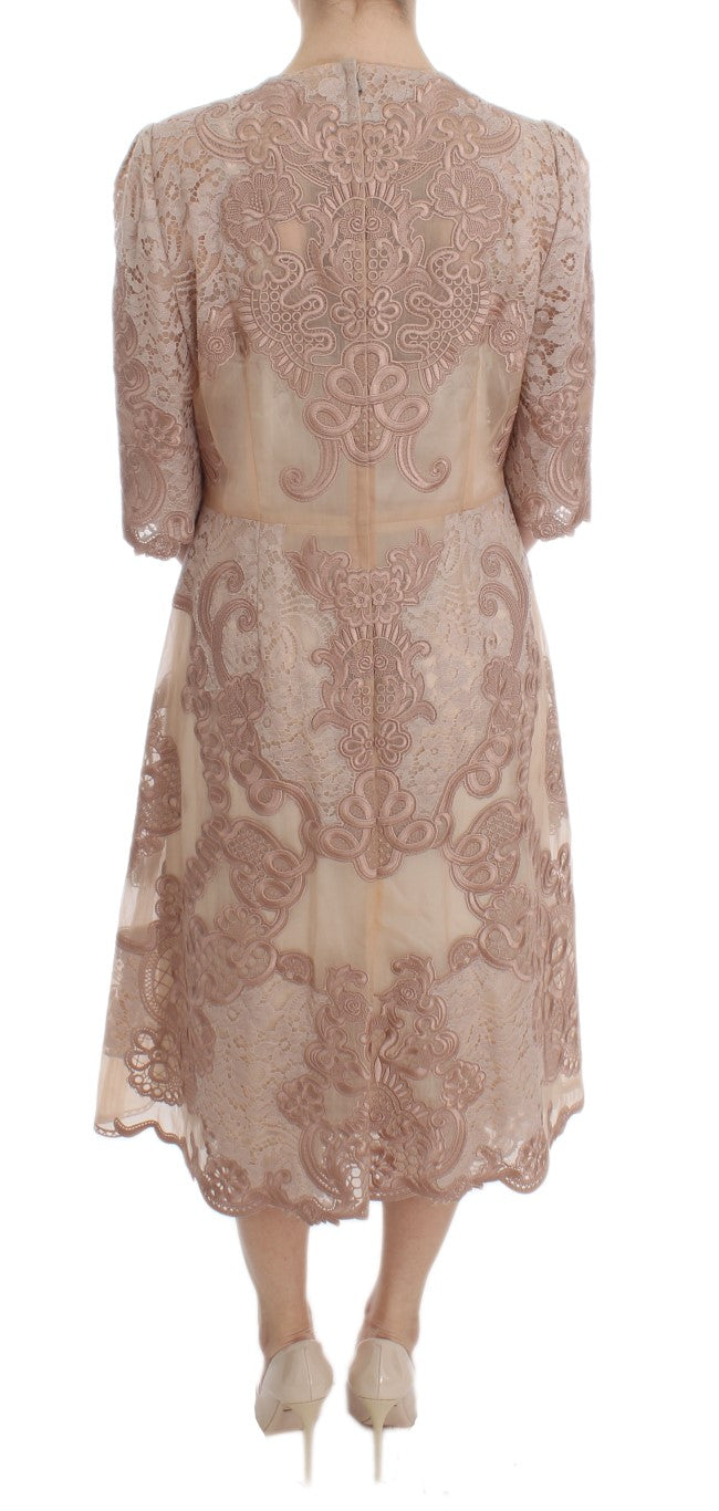 Dolce & Gabbana Pink Silk Lace Ricamo Shift Gown Dress