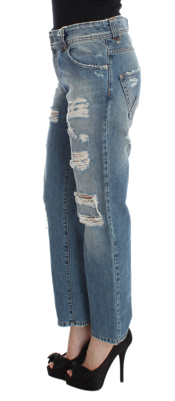 John Galliano Blue Wash Cotton Boyfriend Fit Cropped Jeans