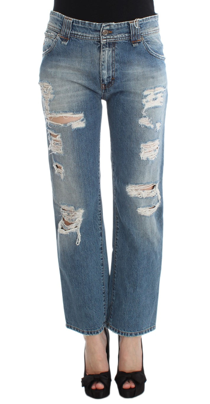 John Galliano Blue Wash Cotton Boyfriend Fit Cropped Jeans