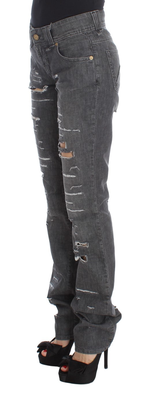 John Galliano Gray Wash Cotton Torn Straight Fit Jeans