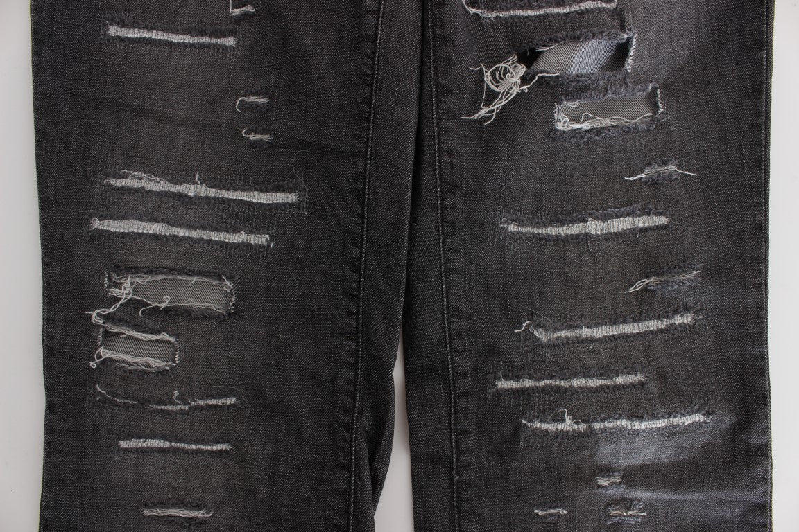 John Galliano Gray Wash Cotton Torn Straight Fit Jeans