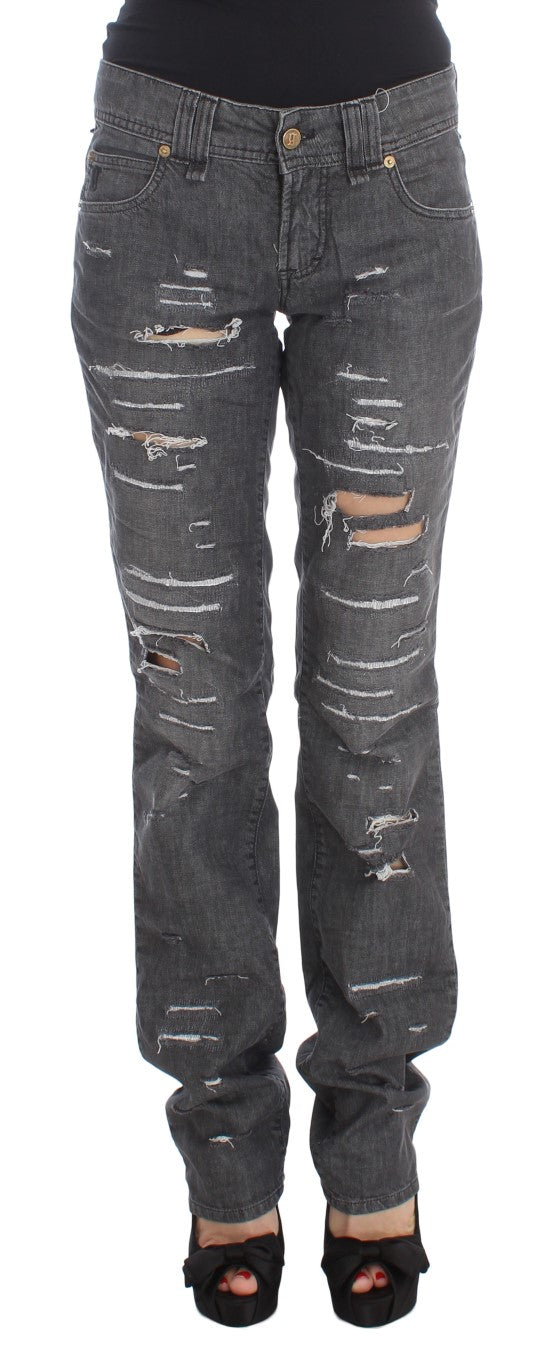 John Galliano Gray Wash Cotton Torn Straight Fit Jeans