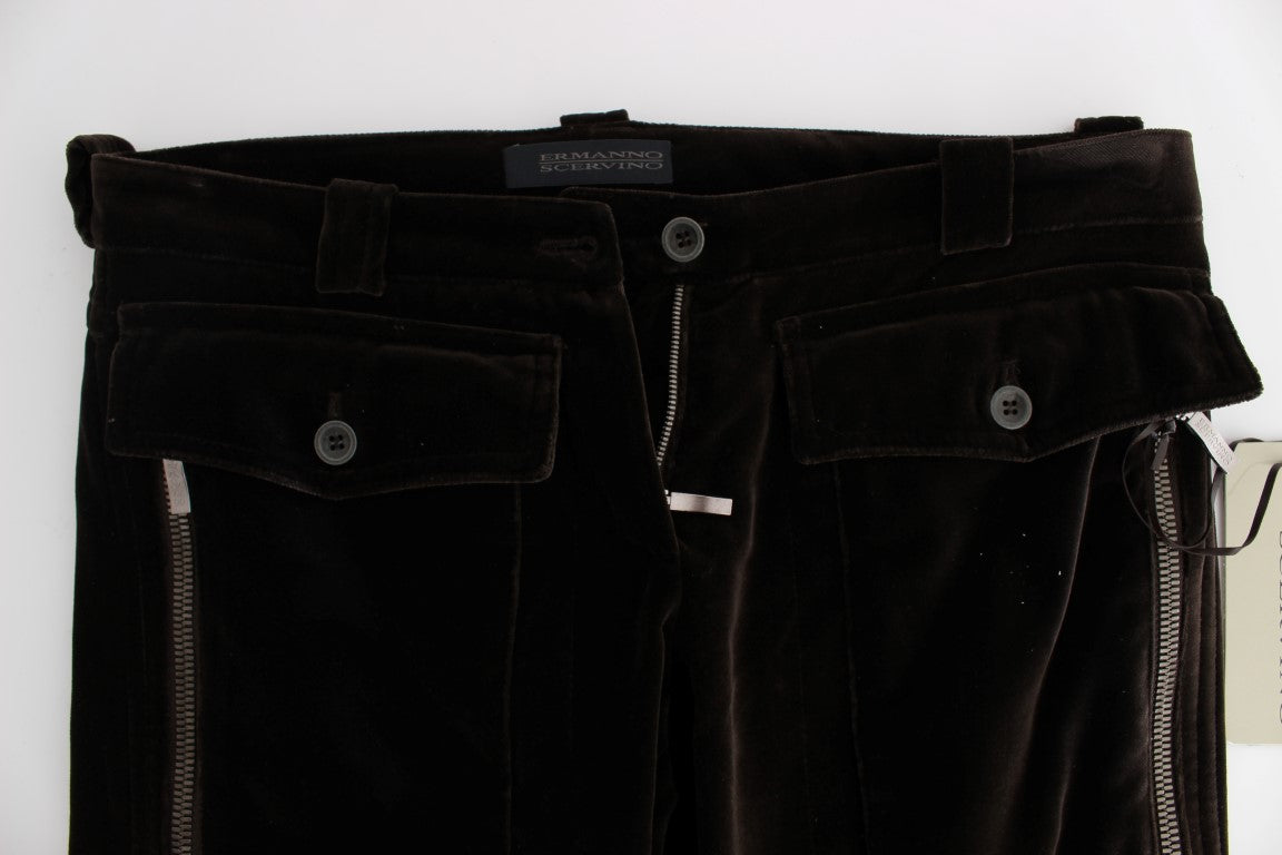 Ermanno Scervino Brown Cotton Velvet Zippers Slim Fit Pants