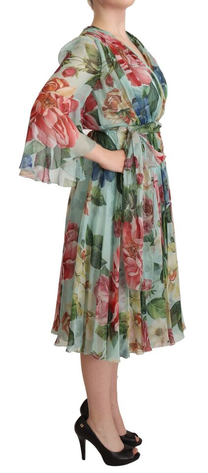 Dolce & Gabbana Multicolor Green Floral Silk Wrap Midi Dress