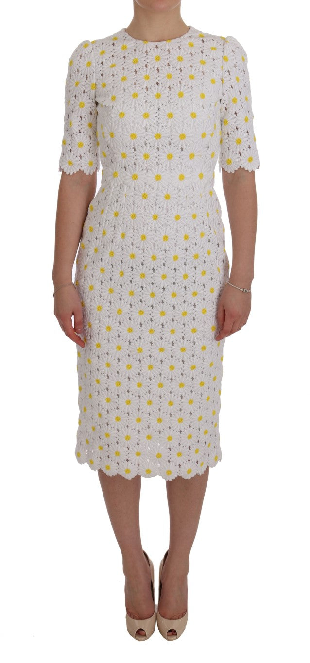 Dolce & Gabbana White Sunflower Ricamo Sheath Dress