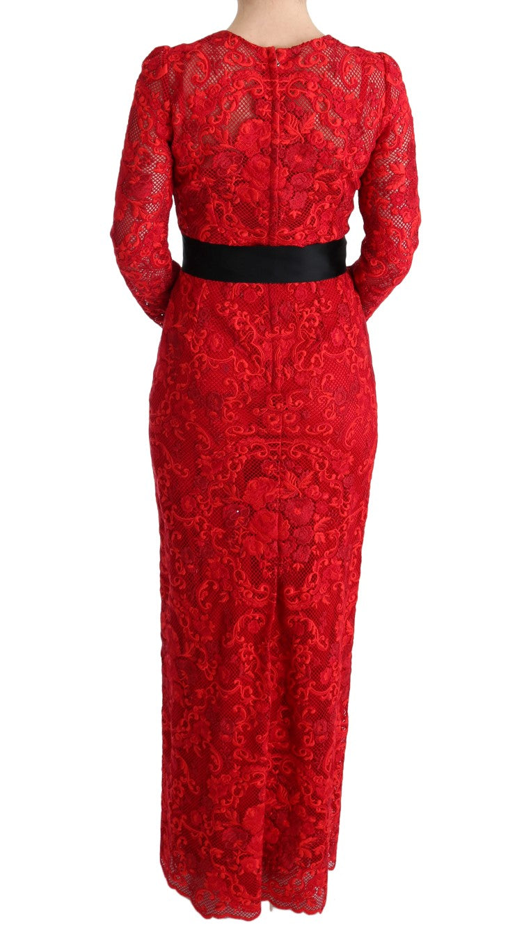 Dolce & Gabbana Red Floral Ricamo Sheath Long Dress