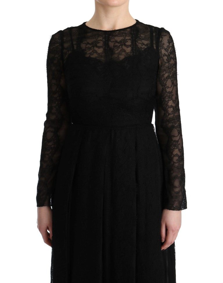 Dolce & Gabbana Black Floral Lace Sheath Silk Dress