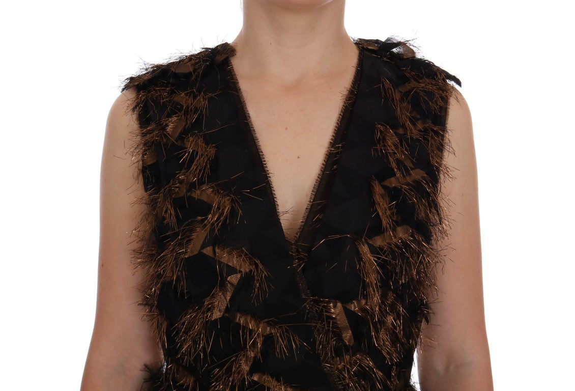 Dolce & Gabbana Black Silk Brown Fringes A-Line Dress