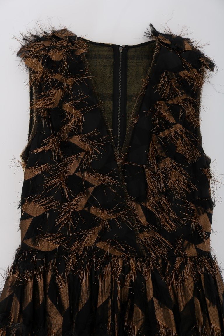 Dolce & Gabbana Black Silk Brown Fringes A-Line Dress