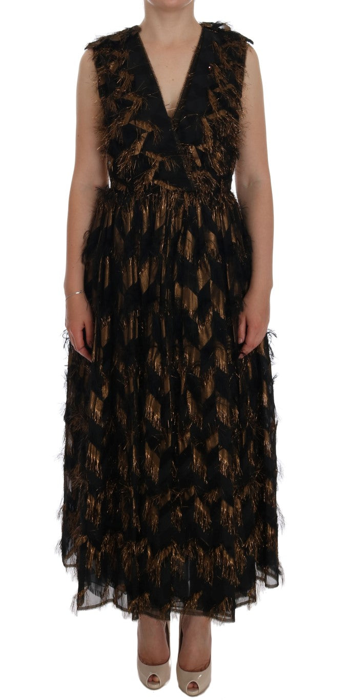 Dolce & Gabbana Black Silk Brown Fringes A-Line Dress