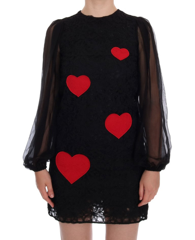 Dolce & Gabbana Black Lace Red Heart Shift Dress