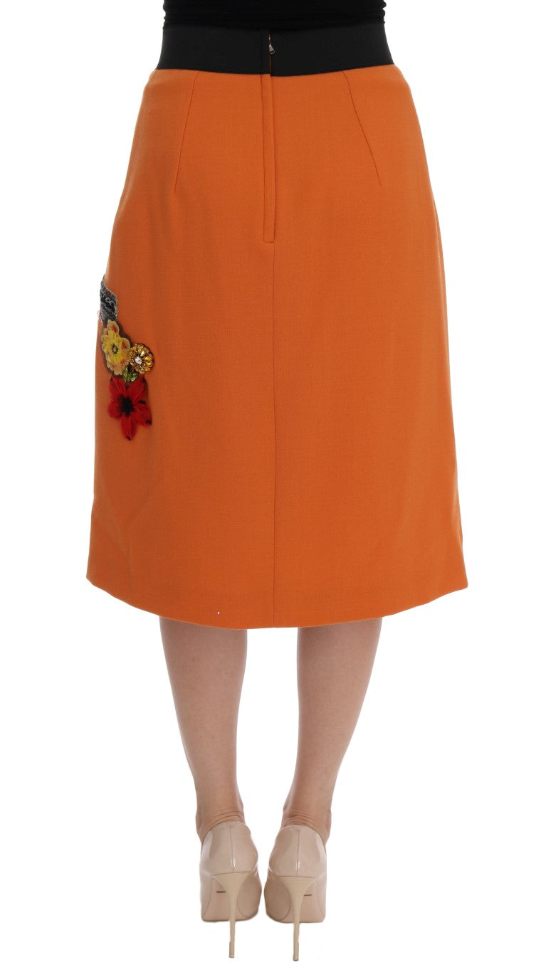 Dolce & Gabbana Orange Wool Crystal Sequin Appliques Skirt