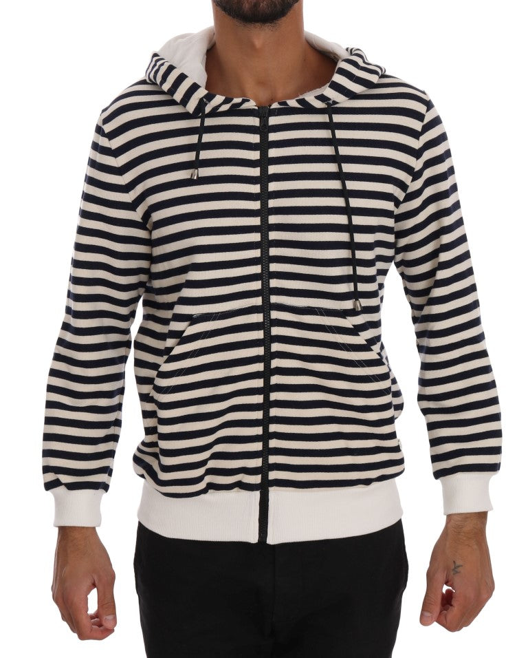 Daniele Alessandrini Blue White Striped Hooded Cotton Sweater