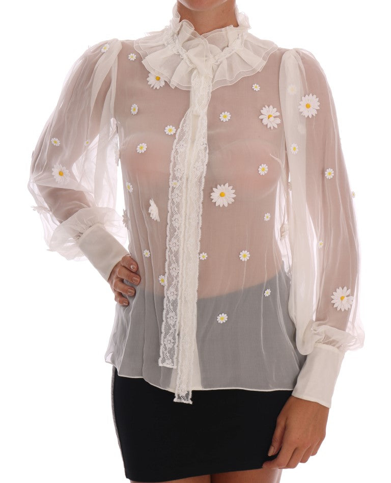 Dolce & Gabbana White Daisy Applique Silk Shirt