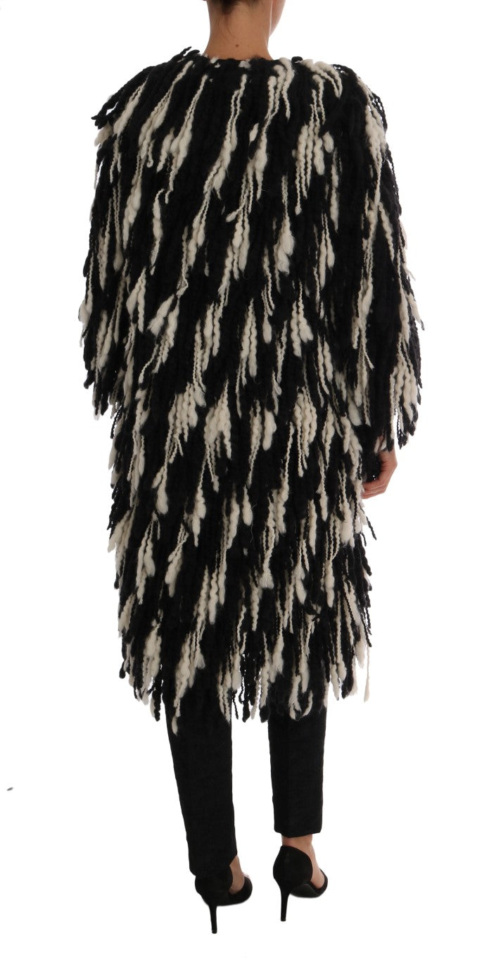 Dolce & Gabbana Black White Fringes Coat Wool Coat