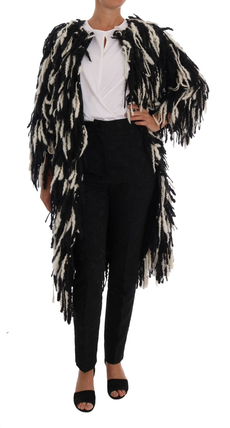 Dolce & Gabbana Black White Fringes Coat Wool Coat