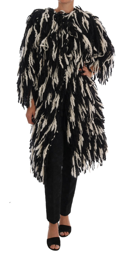 Dolce & Gabbana Black White Fringes Coat Wool Coat