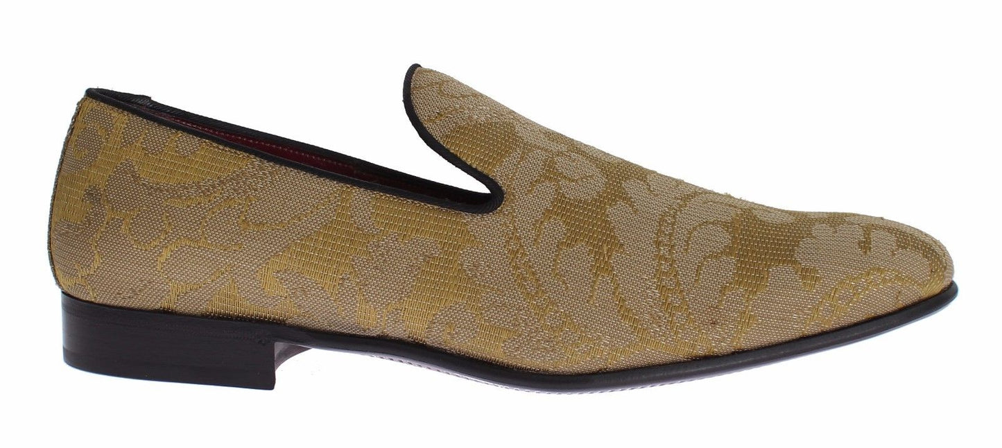 Dolce & Gabbana Yellow Gold Silk Baroque Loafers Shoes