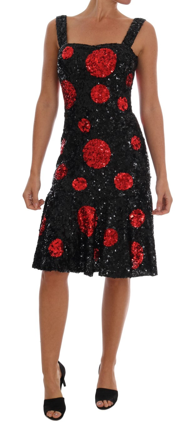 Dolce & Gabbana Black Red Polka Sequined Shift Dress