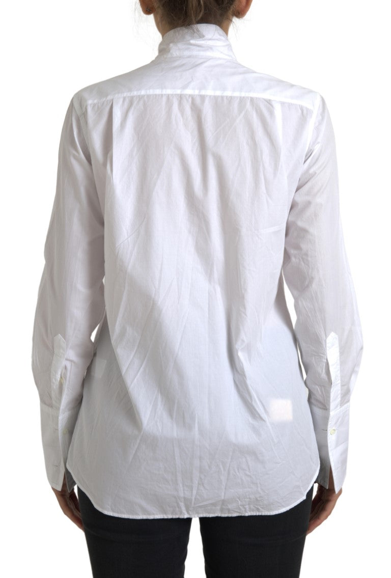 Dolce & Gabbana White Cotton Ascot Collar Long Sleeves Top