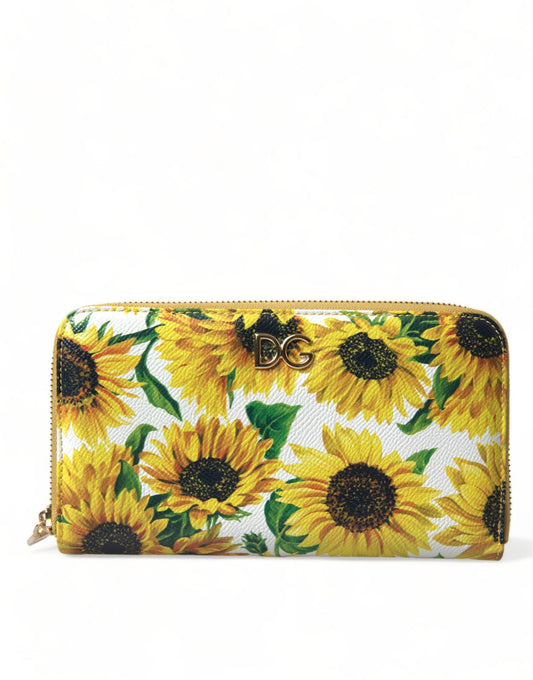 Dolce & Gabbana White Sunflower Leather DG Zip Around Continental Wallet