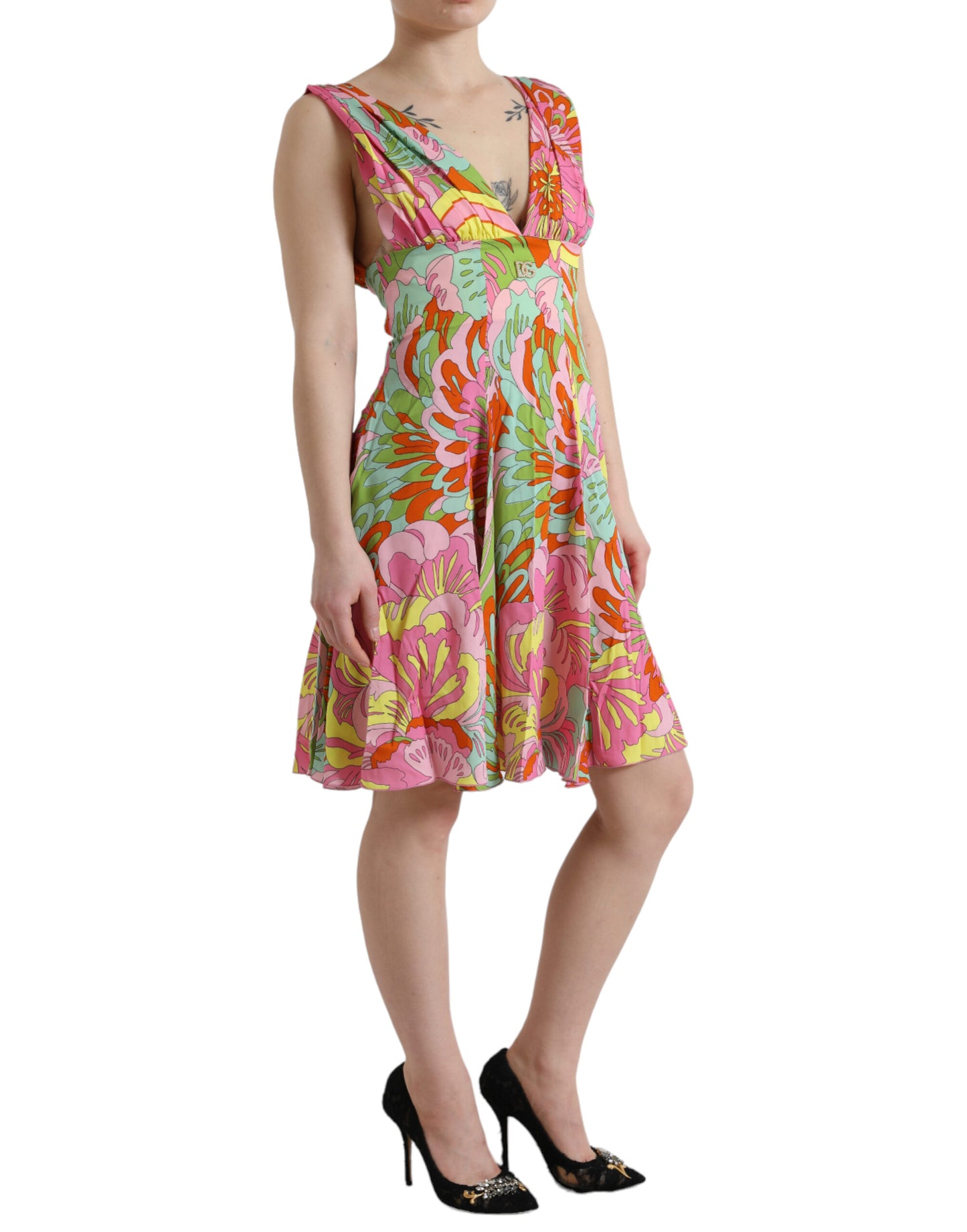 Dolce & Gabbana Multicolor Floral Silk Chiffon V-neck Dress