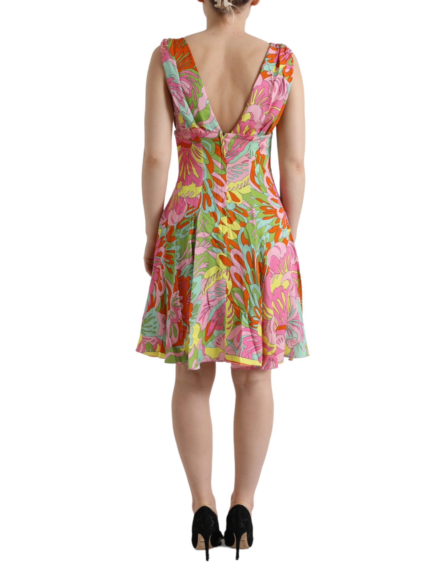 Dolce & Gabbana Multicolor Floral Silk Chiffon V-neck Dress